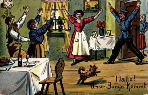 Ak Hallo! Unser Junge kommt, Soldat mit Familie