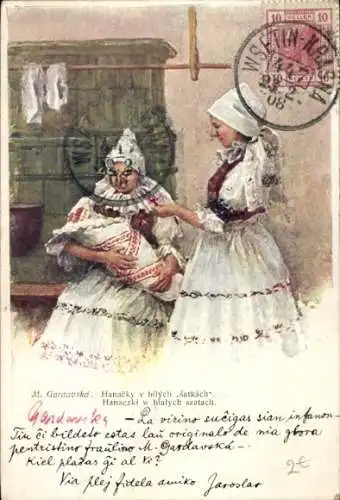 Ak zwei Tschechische Damen in Weißer Tracht mit Baby