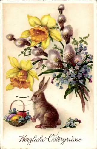 Ak Glückwunsch Ostern, Blumen, Weidenkätzchen, Osterhase, Ostereier