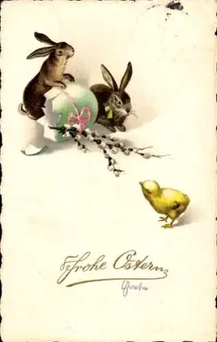 Ak Fröhliche Ostern, zwei Hasen mit Küken