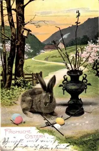 Ak Fröhliche Ostern, Hase mit Eiern