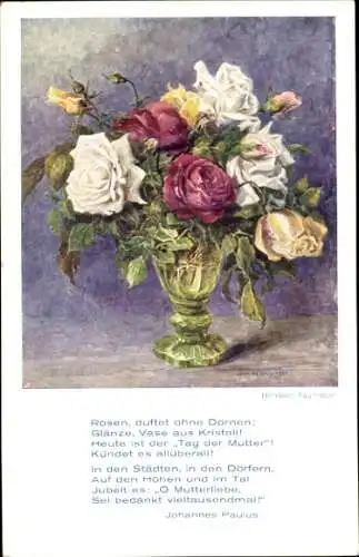 Künstler Ak Faulhaber, Hermine, Blumenvase mit Rosen, Gedicht von Johannes Paulus