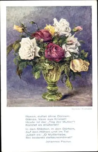 Künstler Ak Faulhaber, Hermine, Blumenvase mit Rosen, Gedicht von Johannes Paulus