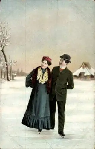 Litho Paar bei Eislaufen auf dem See