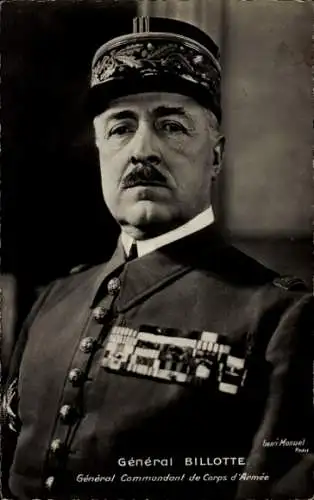 Ak Französischer General Billotte, Generalkommandeur des Armeekorps, Portrait, Uniform, Abzeichen