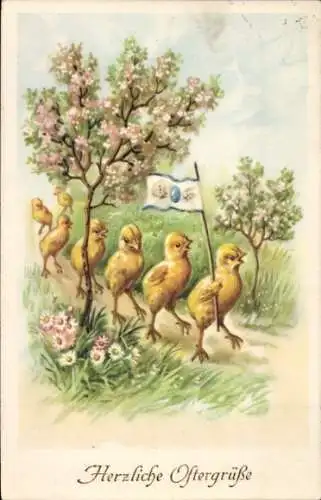 Ak Glückwunsch Ostern, Küken mit Osterfahne 