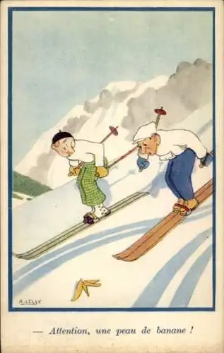 Künstler Ak Lelly, Männer fahren Ski, Bananenschale
