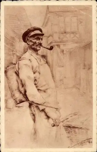 Künstler Ak Elsass, Mann mit Pfeife und Korb