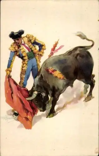 Künstler Ak Stierkampf, Torero, Stier, Rotes Tuch