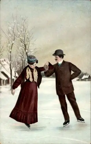 Ak Mann mit Frau beim Schlittschuhlaufen