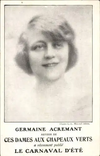 Ak Schriftstellerin Germaine Acremant, Portrait