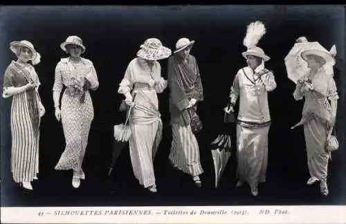 CPA Silhouettes Parisiennes, Toilettes de Deauville, 1913