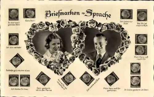 Ak Briefmarkensprache, Frauenportrait, Männerportrait, Herz