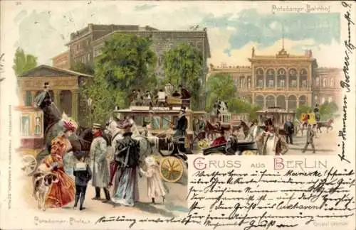 Litho Berlin Tiergarten, Potsdamer Platz, Potsdamer Bahnhof, Kutschen