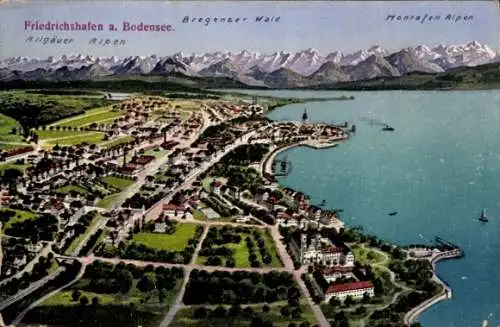 Ak Friedrichshafen am Bodensee, Panoramaansicht, Bodensee, Alpen, Stadtansicht, Grünflächen, H...