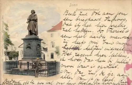 Ak Bonn am Rhein, Beethovendenkmal, Statue, Text in Niederländisch
