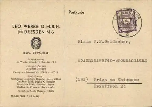 Ak Prien am Chiemsee Oberbayern,  der LEO-WERKE G.M.B.H., Adresse, Kolonialwaren-Großhandlung