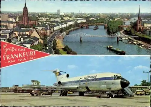 Ak Frankfurt am Main, Stadtpanorama, Dom, Eiserner Steg, Flughafen Rhein Main, Flugzeug Lufthansa