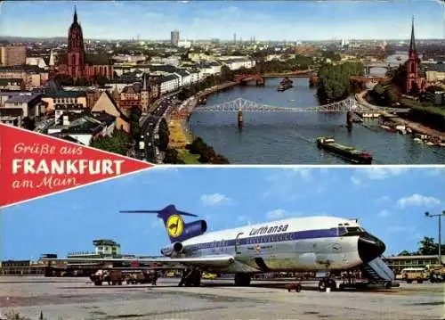 Ak Frankfurt am Main, Stadtpanorama, Dom, Eiserner Steg, Flughafen Rhein Main, Flugzeug Lufthansa