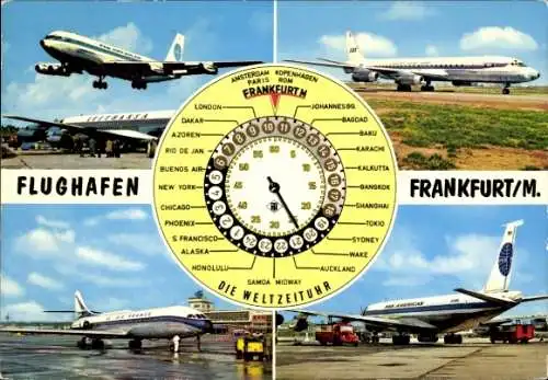 Ak Frankfurt am Main, Flughafen, Weltzeituhr, Flugzeuge