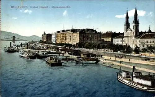 Ak Budapest Ungarn, Donaublick, Stadtansicht, Boote, Gebäude, Landidylle
