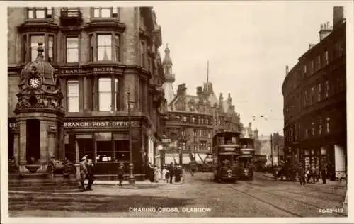 Ak Glasgow Schottland, Charing Cross,  Grand Hotel, Post Office, Straßenbahn
