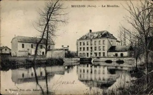 Ak Muizon Marne, Le Moulin, ruhige Wasserlandschaft,  Gebäude, Schwarz-Weiß-Foto