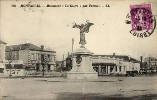 Ak Montargis Loiret, Monument La Gloire, Statue mit Engel,  Architektur, Straßenansicht