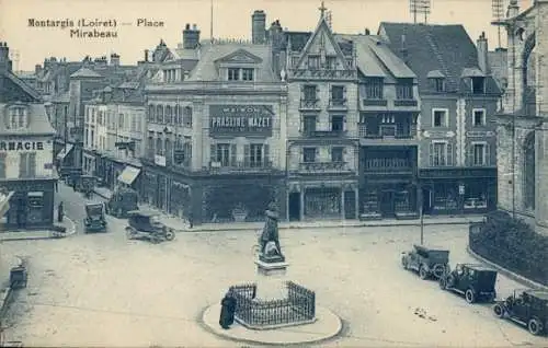 Ak Montargis Loiret,  Place Mirabeau,  Gebäude, Statue, Fahrzeuge