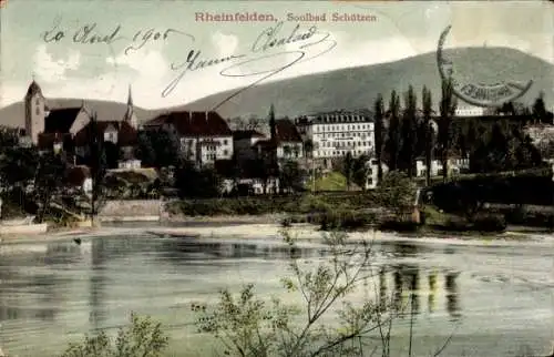 Ak Rheinfelden in Baden, Rheinfelden am Fluss, Soolbad Schützen, Berge im Hintergrund, farbige An