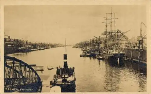 Ak Hansestadt Bremen, Freihafen, Schiffe, Wasserweg, Industrie