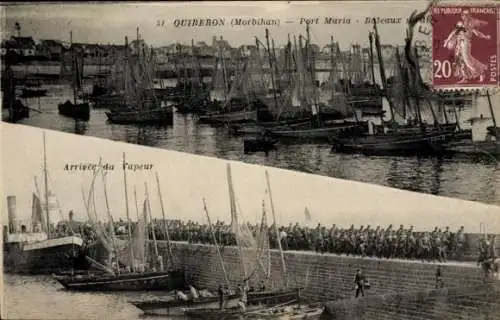 Ak Quiberon Morbihan, Hafenansicht, Boote, Ankunft des Dampfers