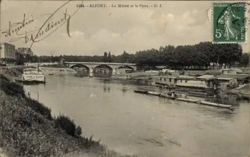Ak Alfortville Val de Marne, Flussansicht, Brücke, Schiffe, nostalgische 