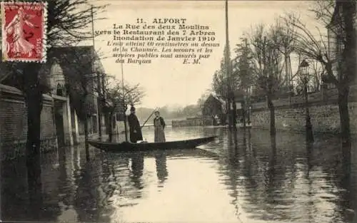 Ak Alfortville Val de Marne, Flut in Alfort, la Rue des deux Moulins, Restaurant, Hochwasser 1910