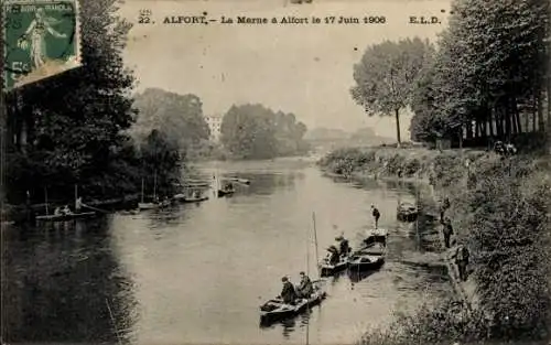 Ak Alfort Val de Marne, Flusslandschaft an der Marne, Angler, Boote, Bäume,  