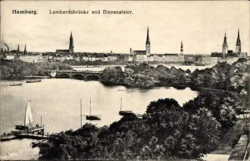 Ak Hamburg Mitte Altstadt, Lombardsbrücke, Binnenalster, Hafenboote, Stadtansicht, Hochhäuser