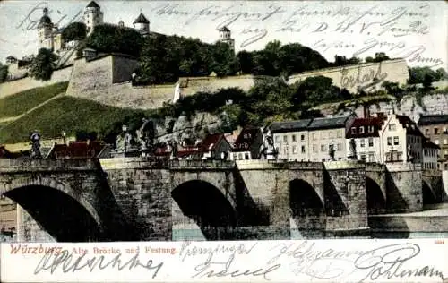 Ak Würzburg am Main Unterfranken, Alte Brücke, Festung, Architektur,   