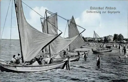 Ak Ostseebad Ahlbeck auf Usedom, Segelboote, Strand, Vorbereitungen zur Segelpartie, frühes 20. J