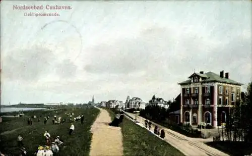 Ak Nordseebad Cuxhaven, Nordseebad  Deichpromenade, Landschaft mit Gebäude, Spaziergänger