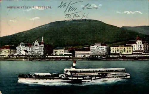 Ak Königswinter am Rhein, Petersberg, Blick auf eine Uferlandschaft mit Dampfer, Gebäude im Hinte