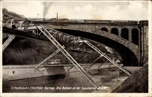 Ak Wuppertal, Schwebebahn Elberfeld-Barmen, drei Bahnen, Sonnborner Brücke