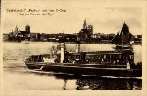 Ak Stralsund in Mecklenburg Vorpommern, Trajektschiff Putbus m. d. D Zug nach Rügen