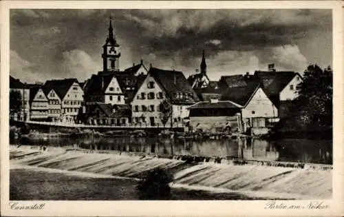 Ak Cannstatt Stuttgart am Neckar, Schwarze und weiße Ansicht der Stadt  Neckar,  Architektur