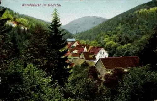 Ak Wendefurth Thale im Harz , Landschaft mit Bergen, malerisches Dorf, Wald