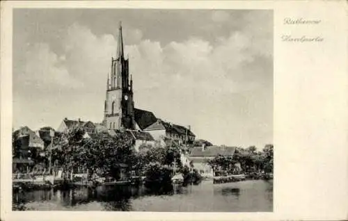 Ak Rathenow im Havelland, Schwarz-Weiß-Bild, Kirche, Wasserweg, Bäume, Häuser
