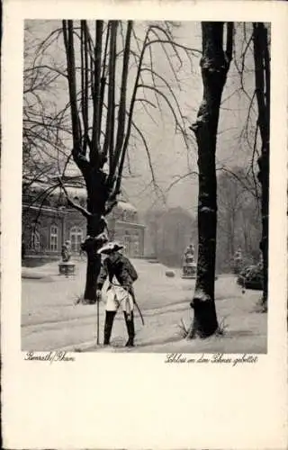 Ak Benrath Düsseldorf Nordrhein Westfalen, Schloss im Winter, König Friedrich II. von Preußen