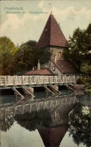 Ak Osnabrück in Niedersachsen, Hasepartie, Pernickelturm, idyllische Landschaft, Holzbrücke