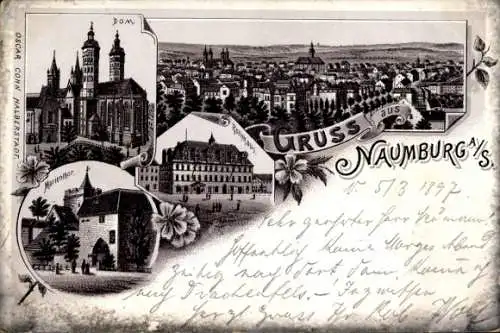 Litho Naumburg an der Saale, Dom, Marientor, Rathaus, Stadtpanorama