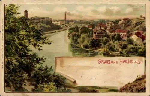 Künstler Litho Spindler, Halle an der Saale, Blick auf den Ort, Brücke, Fluss