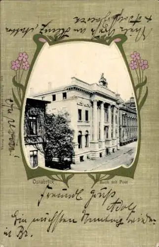 Ak Osnabrück in Niedersachsen, Bankgebäude, Blumenmuster,  aus  Grußtext
